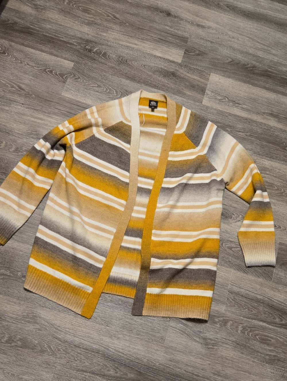 Bobeau Mustard, Gray And Cream Wool Blend Cardigan 1X